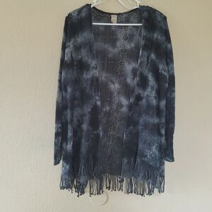 Xcvi Wearables Cotton Fringe Open Front Knit Cardigan Size Large Grunge Tie Dye